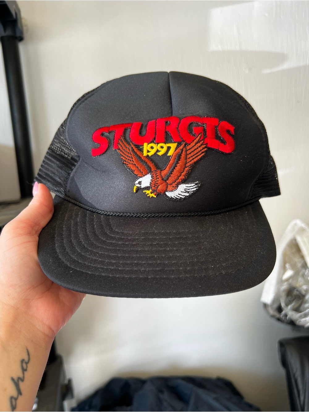 Sturgis 1997 Black Trucker Cap with Eagle Embroidery